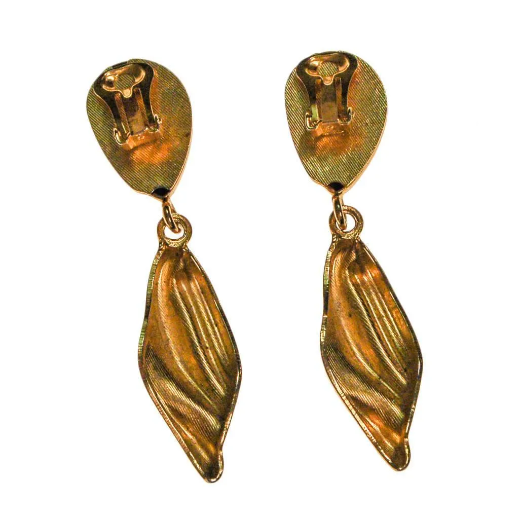 Gold Tone Long Dangling Statement Earrings, 1970s, Clip On