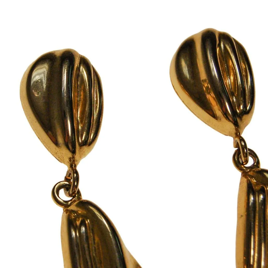Gold Tone Long Dangling Statement Earrings, 1970s, Clip On