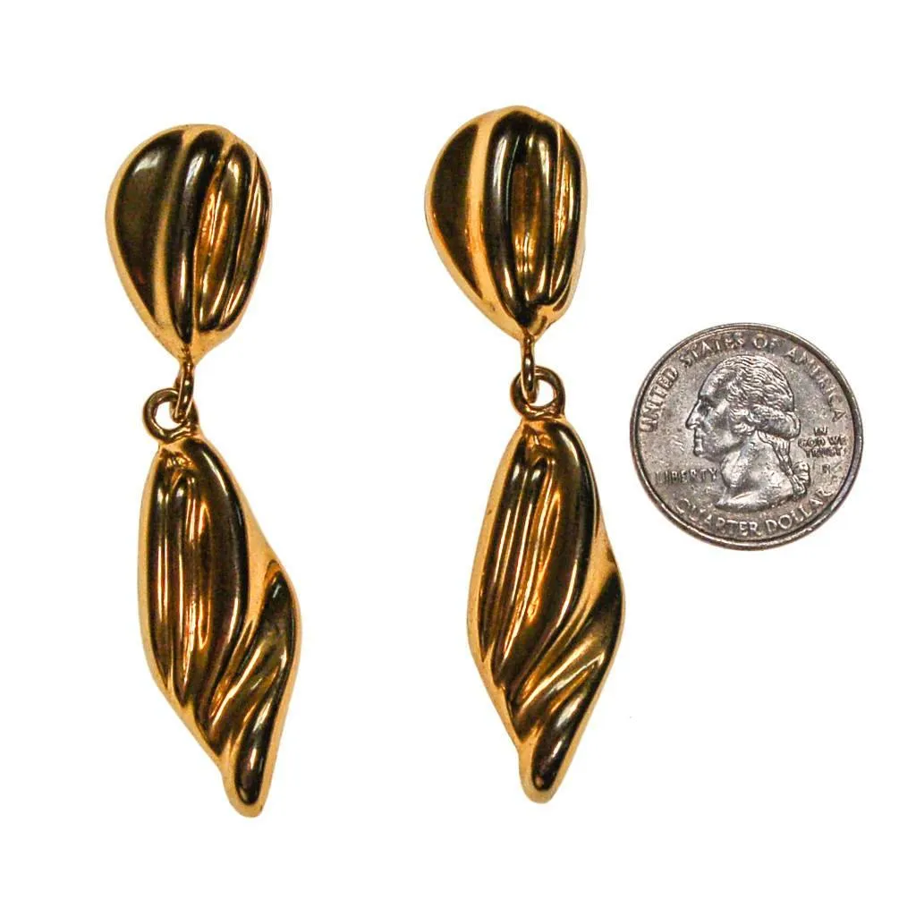 Gold Tone Long Dangling Statement Earrings, 1970s, Clip On