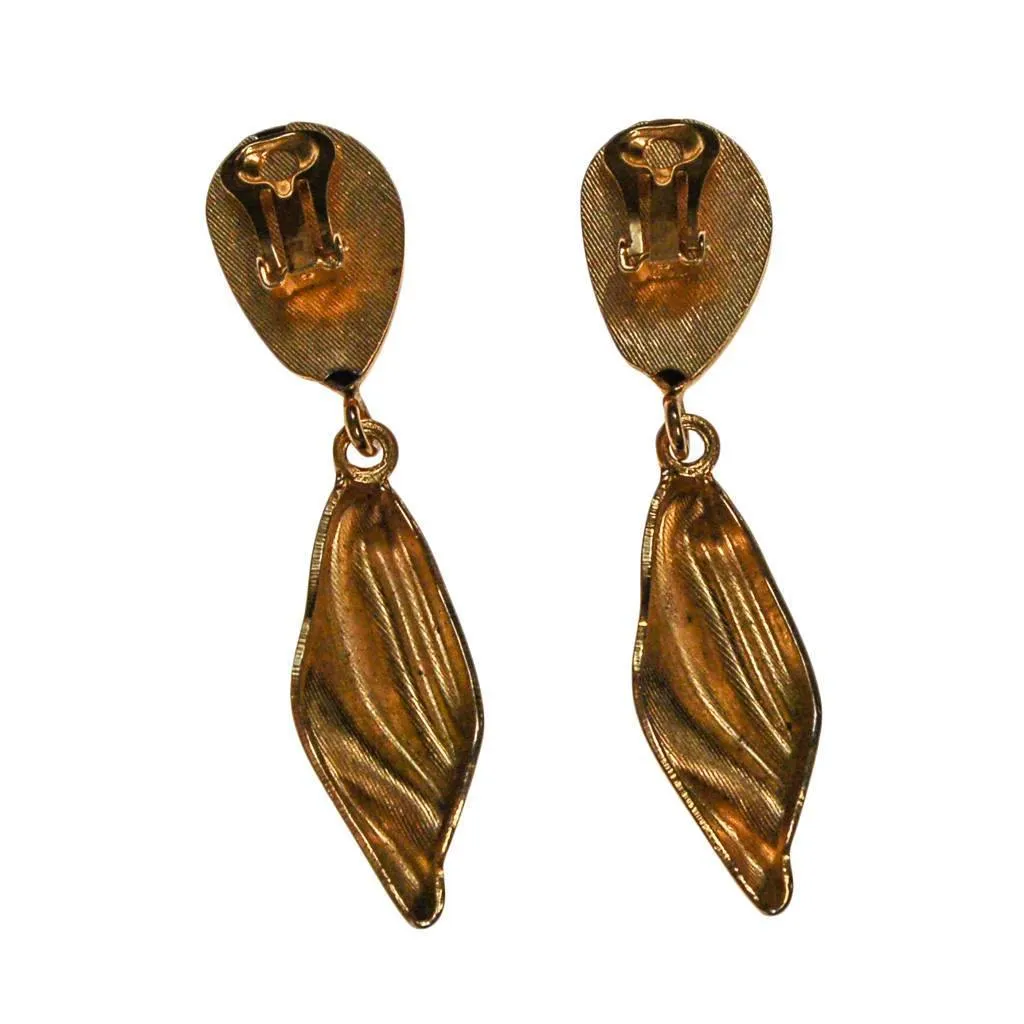 Gold Tone Long Dangling Statement Earrings, 1970s, Clip On
