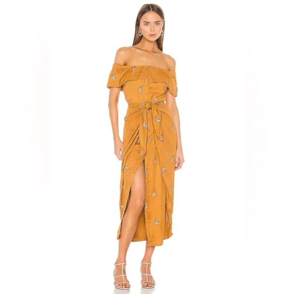 House of Harlow X Revolve Rumi Off Shoulder Midi Dress in Copper