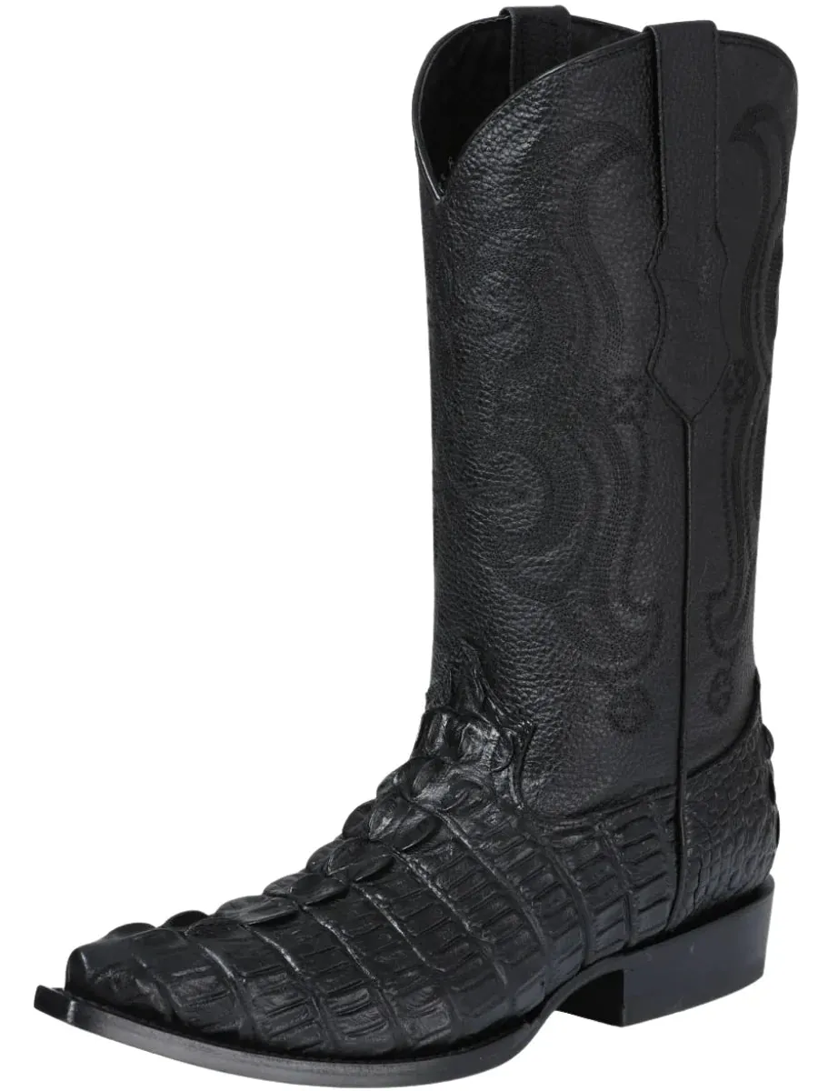 Men's Caiman Tail Print Cow Leather Cowboy Boots 'El Señor de los Cielos' Black Color 40854