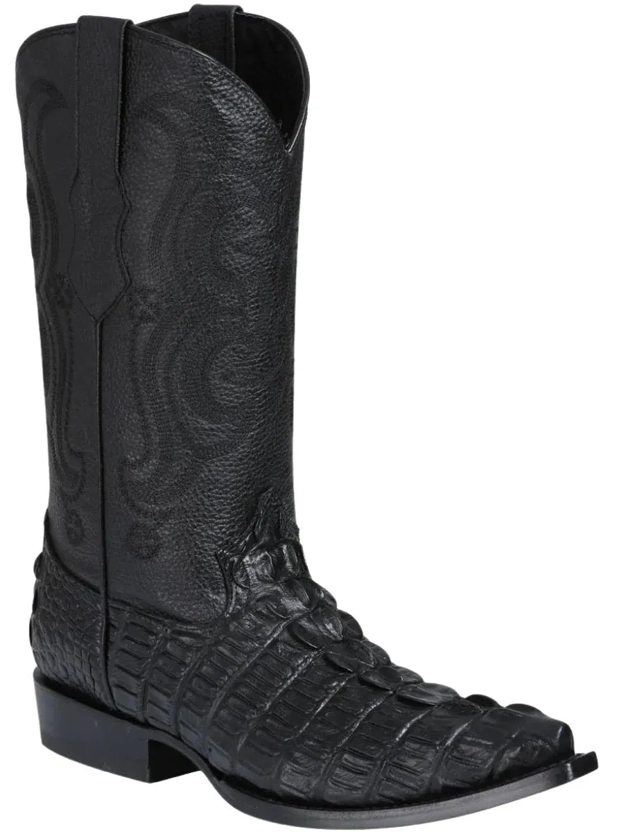 Men's Caiman Tail Print Cow Leather Cowboy Boots 'El Señor de los Cielos' Black Color 40854
