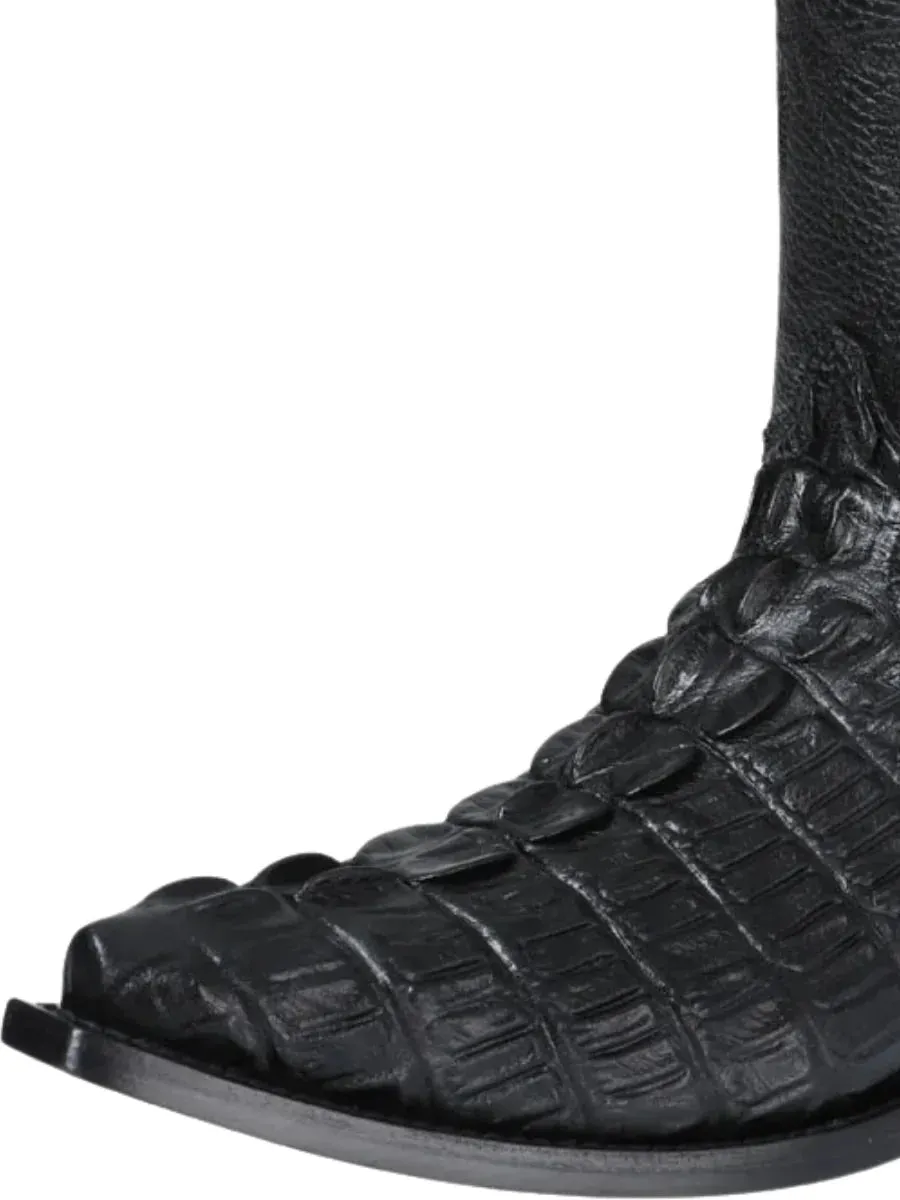 Men's Caiman Tail Print Cow Leather Cowboy Boots 'El Señor de los Cielos' Black Color 40854