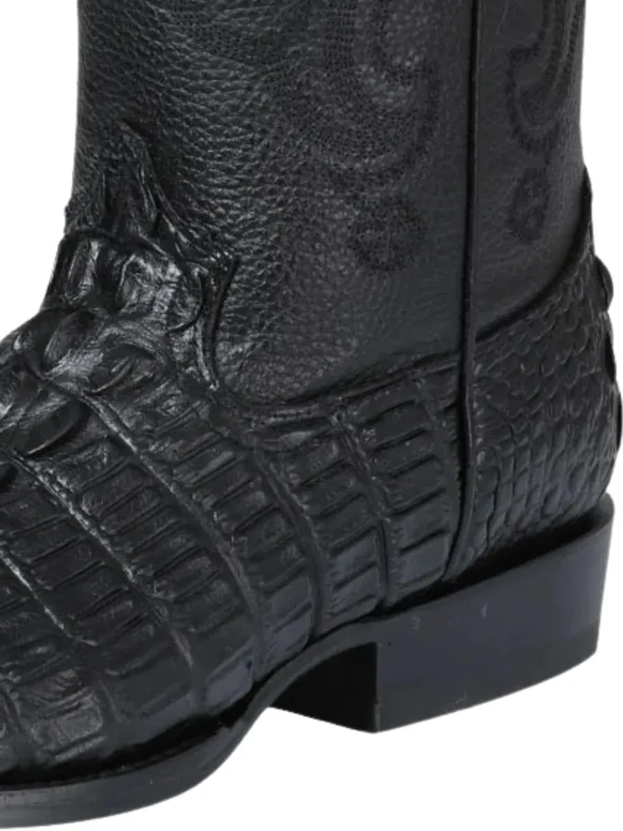 Men's Caiman Tail Print Cow Leather Cowboy Boots 'El Señor de los Cielos' Black Color 40854