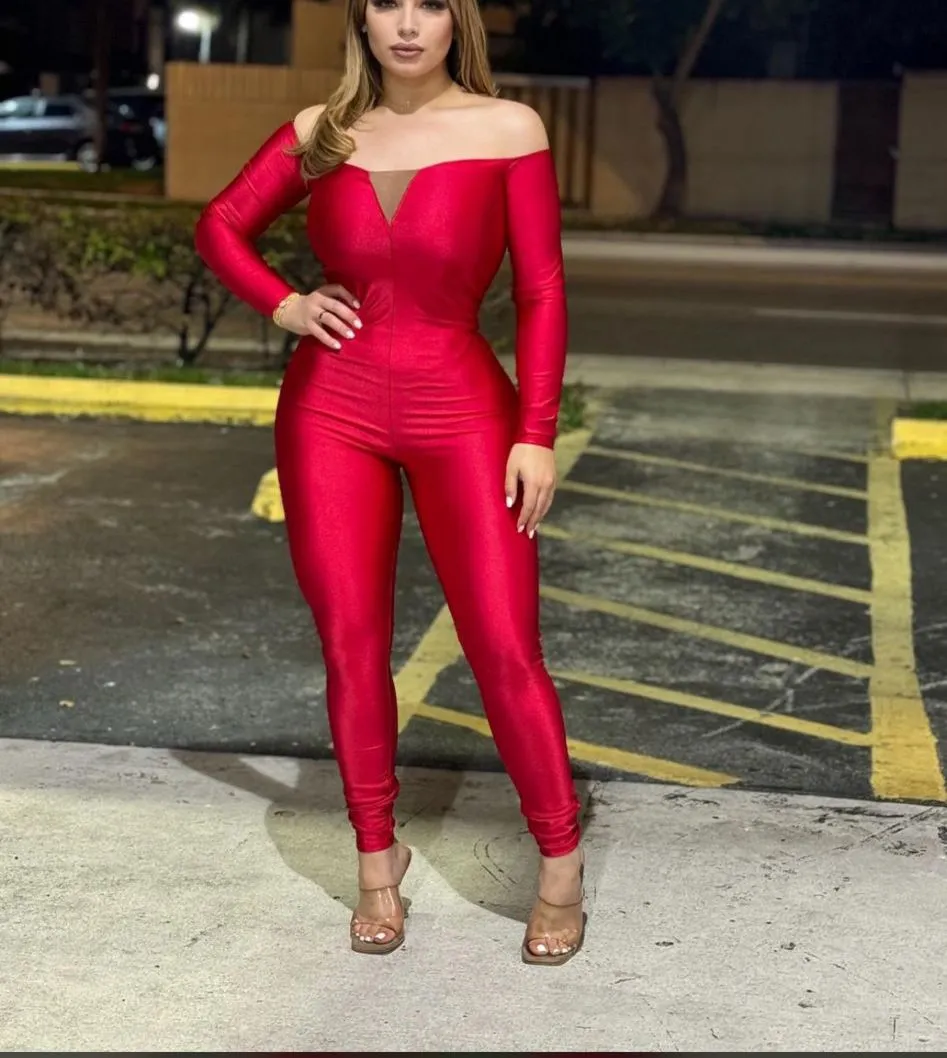 Off-Shoulder Jumpsuit with Mesh Contrast