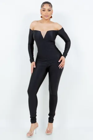 Off-Shoulder Jumpsuit with Mesh Contrast