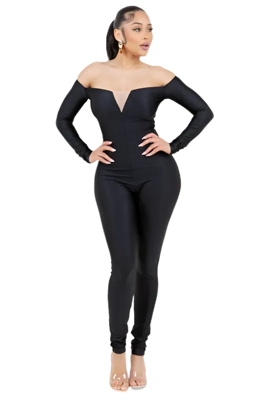 Off-Shoulder Jumpsuit with Mesh Contrast