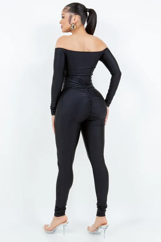 Off-Shoulder Jumpsuit with Mesh Contrast