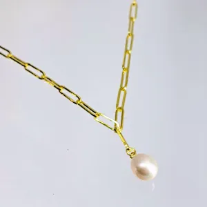 "Paperclip Pearl Drop" Adj. Up To 18" Necklace - Pearl, 18k Gold Sterling