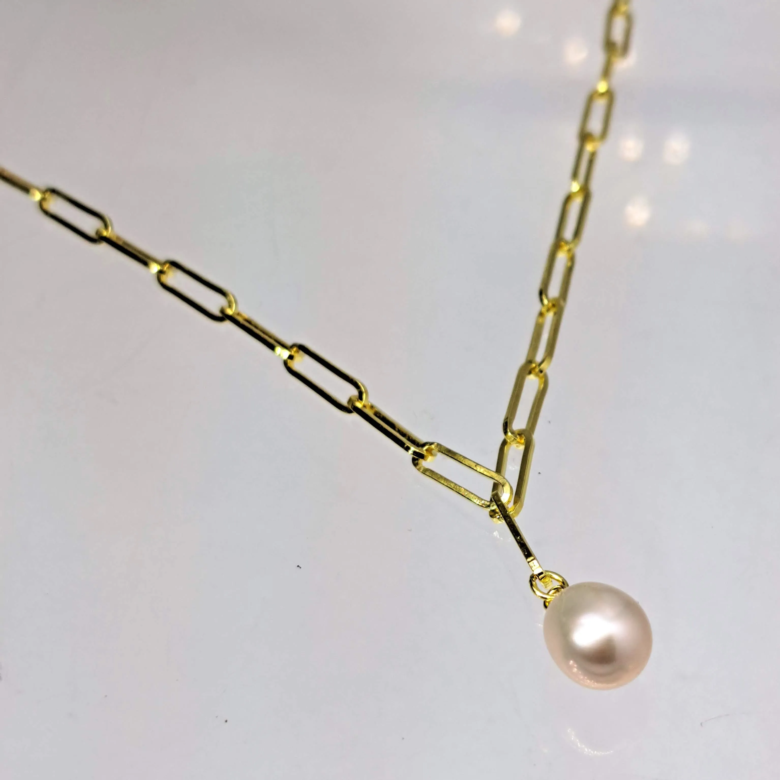 "Paperclip Pearl Drop" Adj. Up To 18" Necklace - Pearl, 18k Gold Sterling
