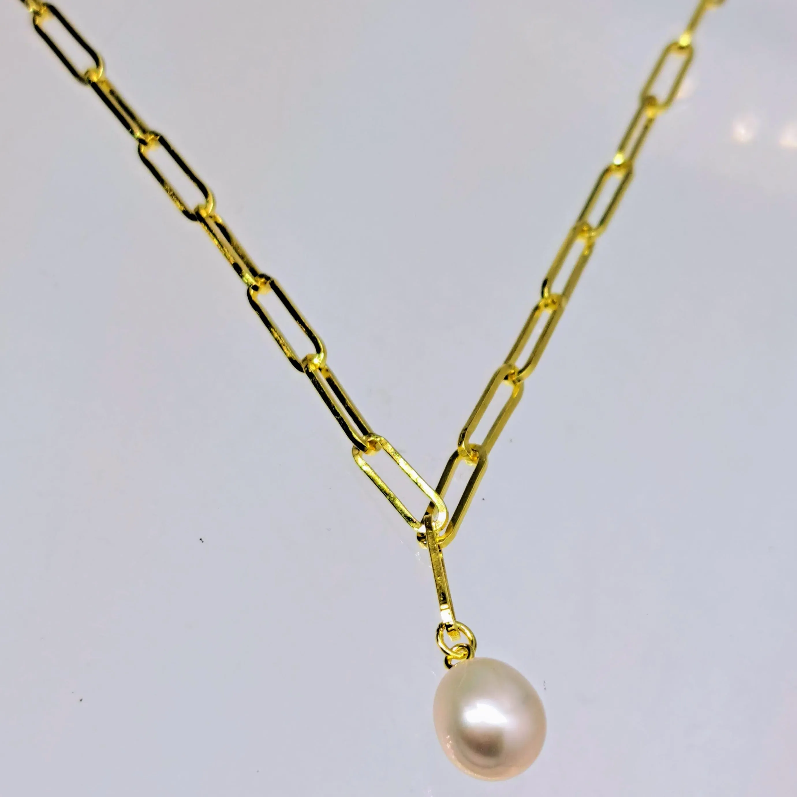 "Paperclip Pearl Drop" Adj. Up To 18" Necklace - Pearl, 18k Gold Sterling