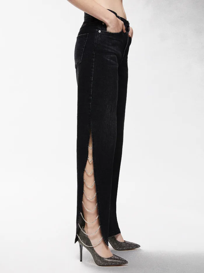 Side Slit Rhinestone Embellished Jeans - Black