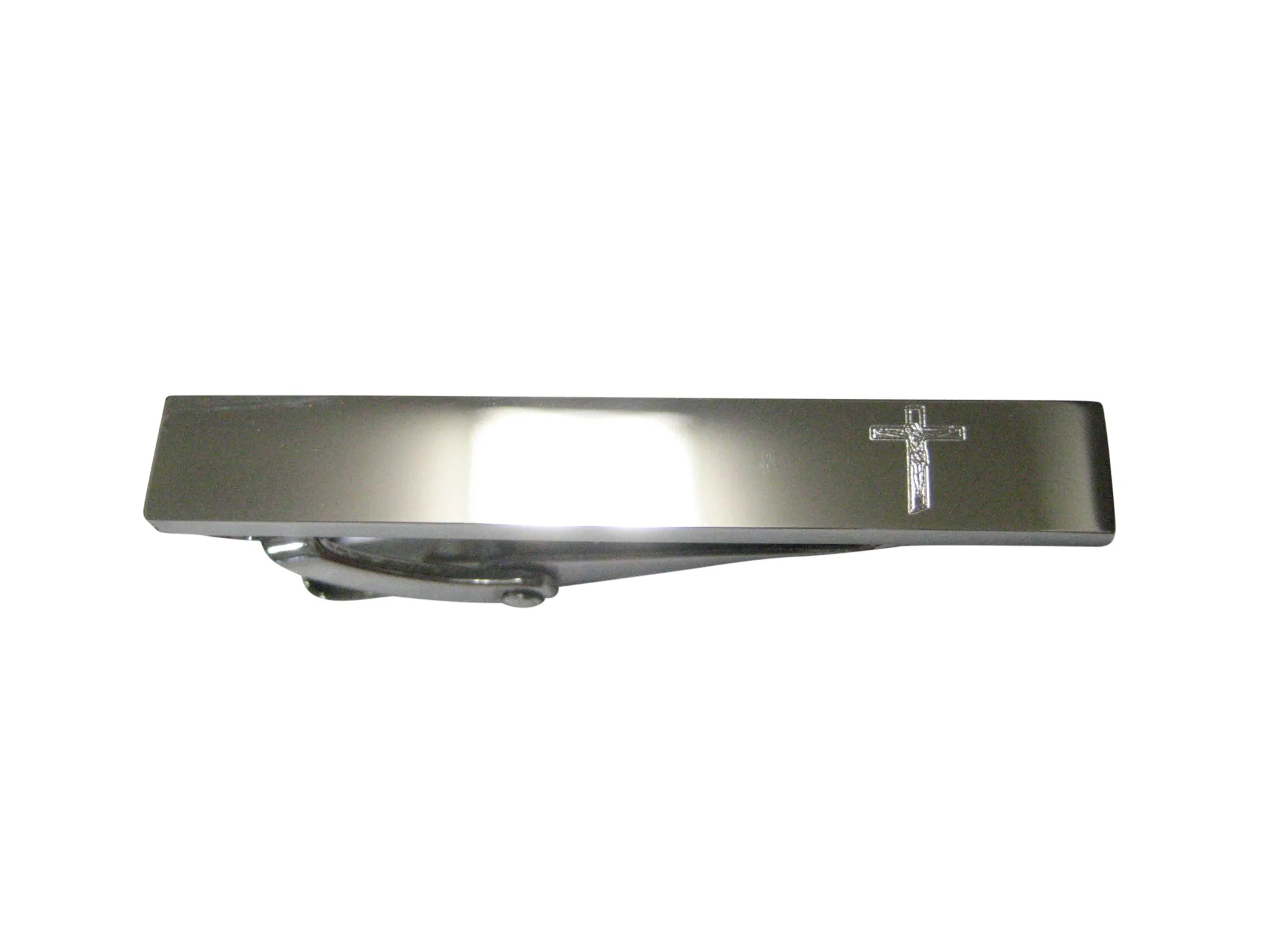 Silver Toned Etched Sleek Religious Crucifix Cross Skinny Tie Clip