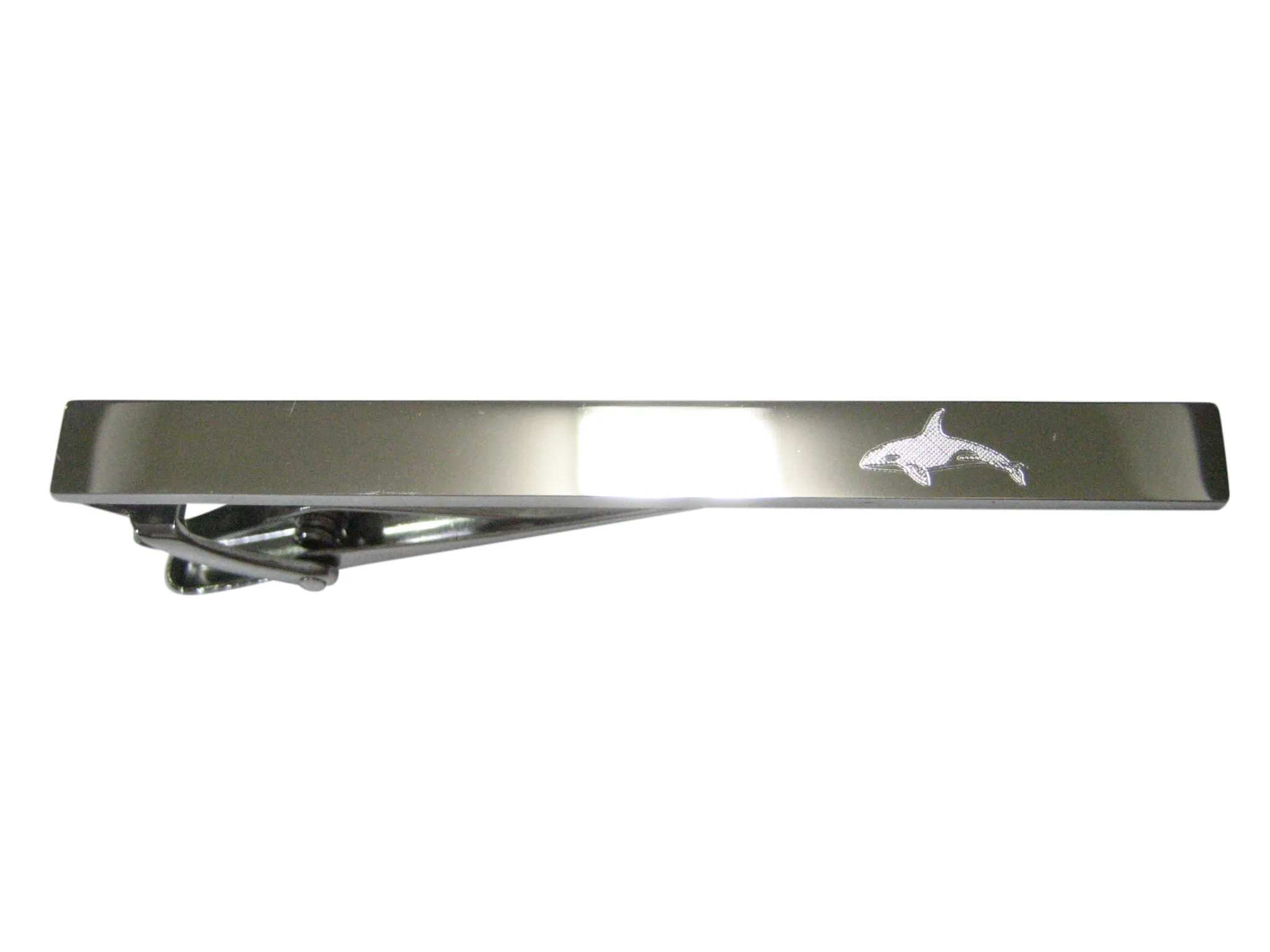 Silver Toned Etched Sleek Swimming Killer Whale Orca Tie Clip