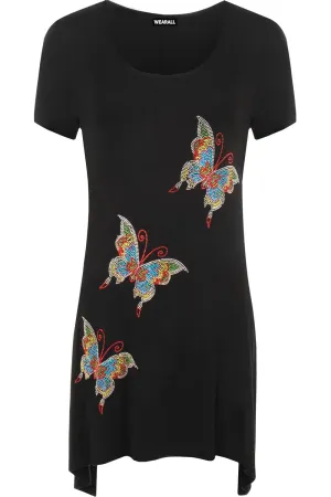 Three Butterfly Hanky Hem Short Sleeve Top