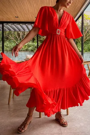 V-neck Flared Sleeves Ruffled Maxi Dress