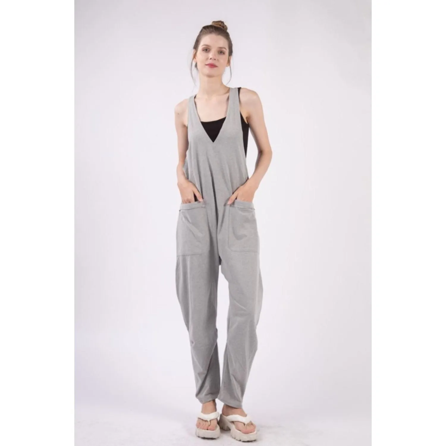 VERY J  Plunge Sleeveless Jumpsuit with Pockets