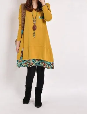 Women Casual Vintage Dress Ladies Leisure Loose Floral Hem O Neck Long Sleeve Cotton Bottoming Dress Plus Size M-XXL