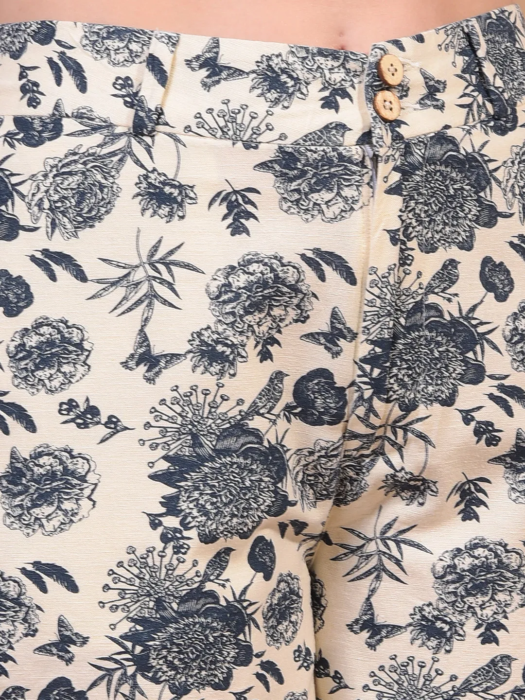 Women's Blue Floral Print Linen Shorts