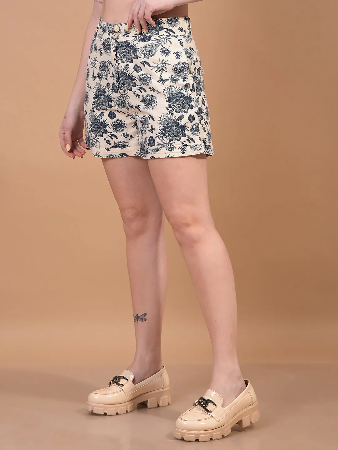 Women's Blue Floral Print Linen Shorts